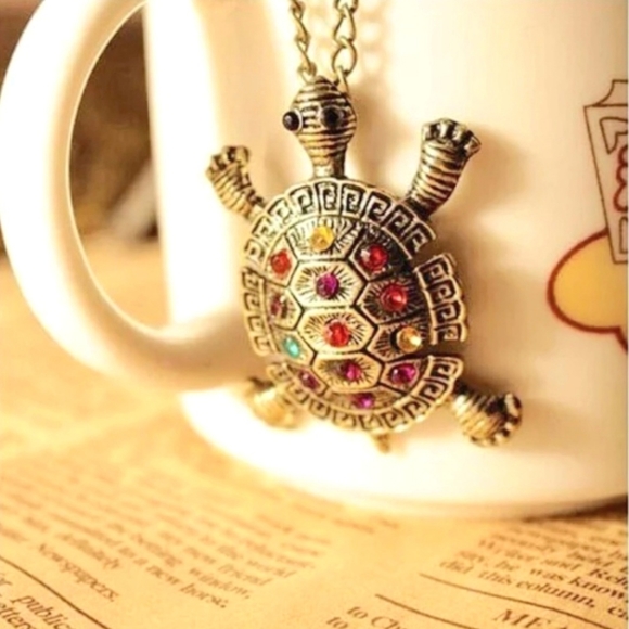 TURTLE Long Sweater Necklace Bronze & Colorful Rainbow Crystal Rhinestones - Picture 5 of 9